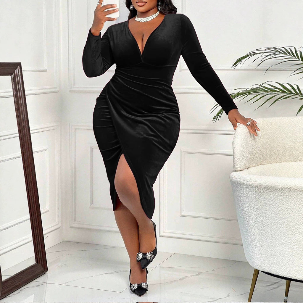 Velvet Dress Deep V Plunge neck Long Sleeve Pleated Waist Tight Split Slimming Christmas Sheath Dress