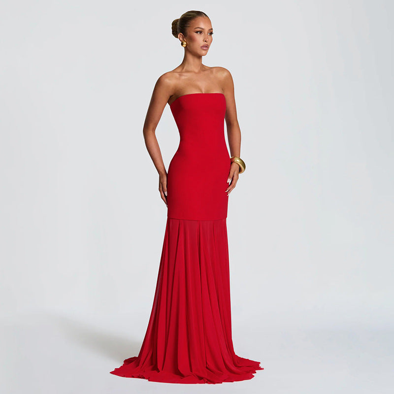 Women Clothing Autumn Winter Solid Color Elegant Sleeveless Chiffon Stitching Tube Top Ribbon Maxi Dress