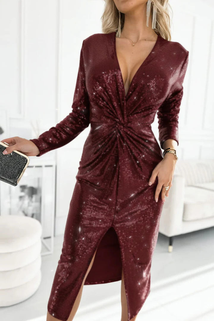 Women Clothing V neck Long Sleeve Dress Sequ Formal Dress