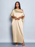 Women Clothing Early Autumn Satin Dress Yellow Satin Maxi Dress
