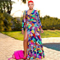 Summer Women Printed Sexy Dress Vacation Split Deep V Plunge Dress
