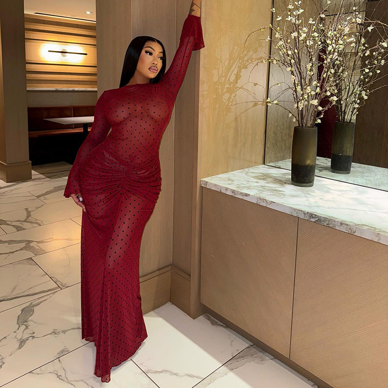 Elegant Women Clothing Pleated Print Polka Dot Slim Hip round Neck Long Sleeve Cocktail Tight Dress