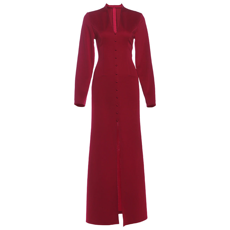 Autumn French Solid Color V neck High Waist Slim Slimming Slit Dress
