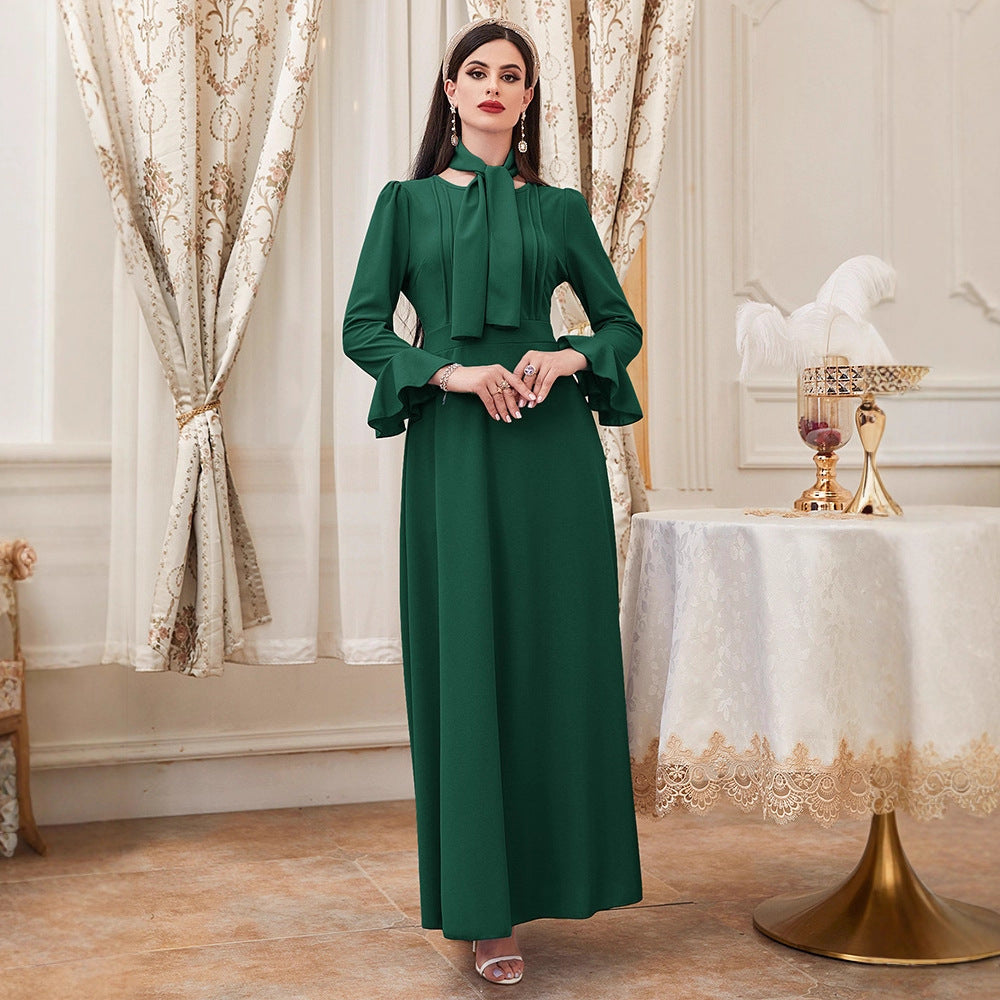 Women Clothing Autumn Elegant Solid Color High Waist Dress