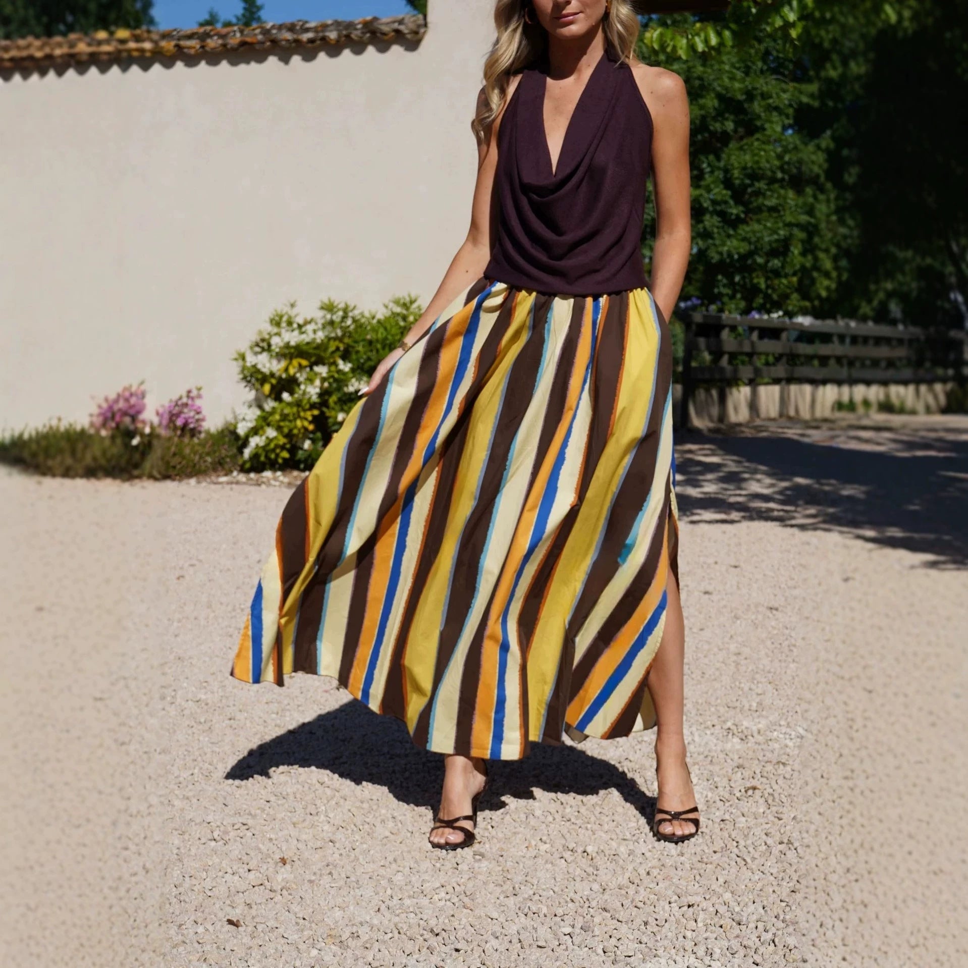 Skirt Color Striped Printing Slit Hemline at Hem Elegant Women Skirt