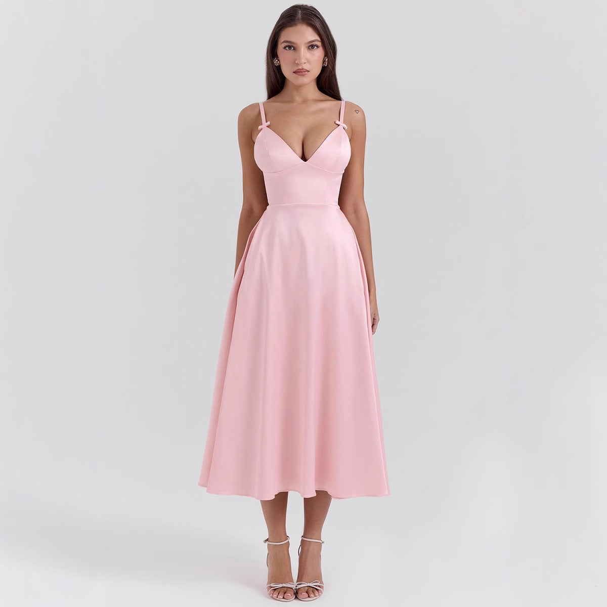 V neck Sexy Design Maxi Dress Court Dopamine Wear Strap Dress for Women