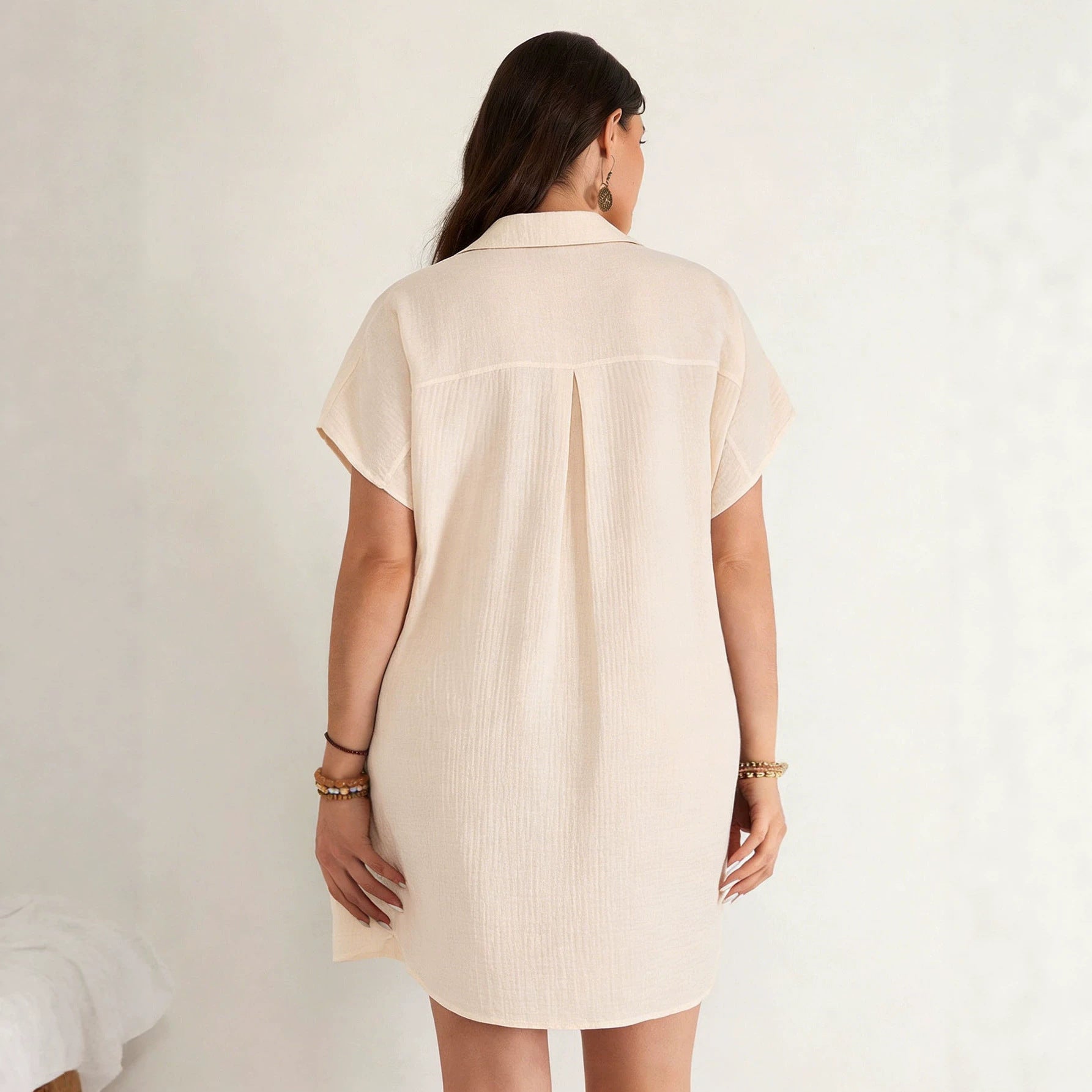 Plus Size Women Loose Pleated Shirt Dress Women Collared Short Sleeve Pocket Vacation Dress