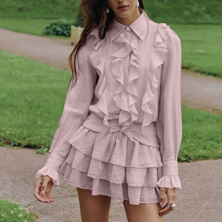 Summer Short Temperamental French Dress Women Design Ruffled Collared Long Sleeve A line Dress