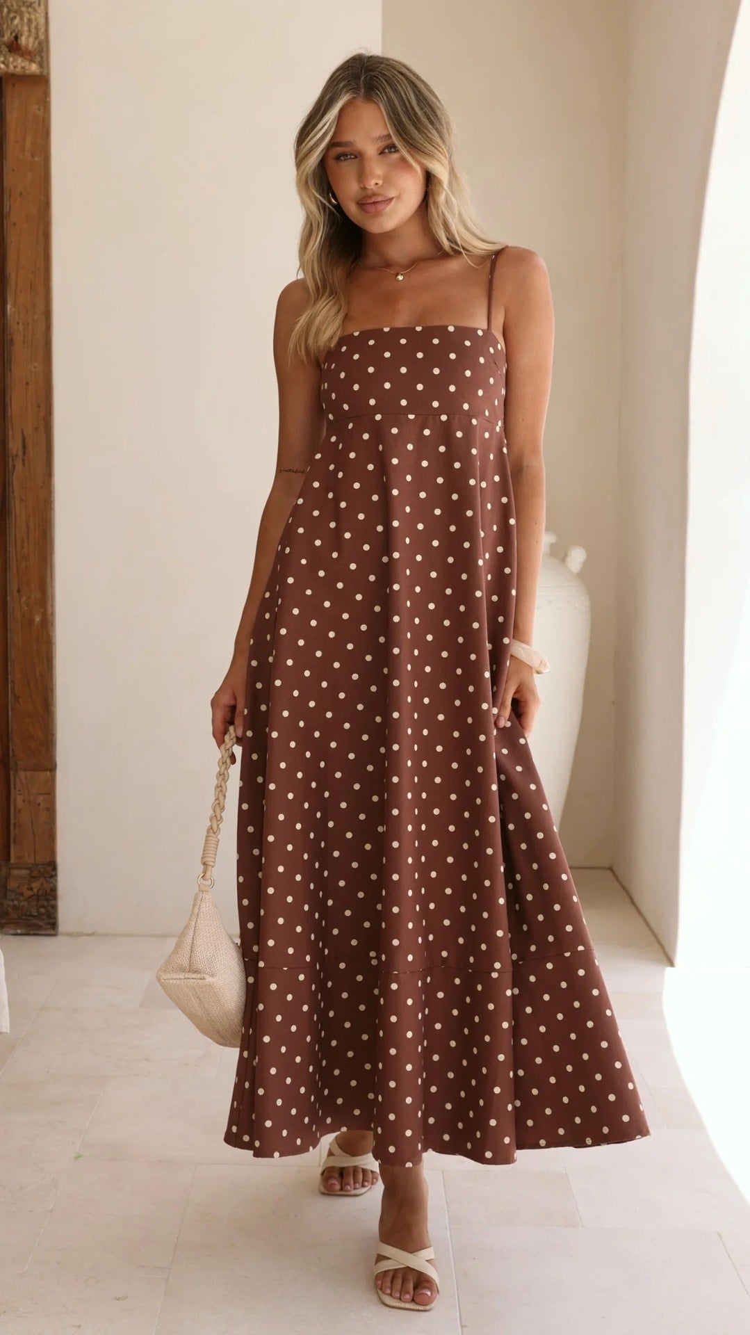 Arrival Dress Polka Dot Print High Waist Big Swing Vacation Maxi Dress