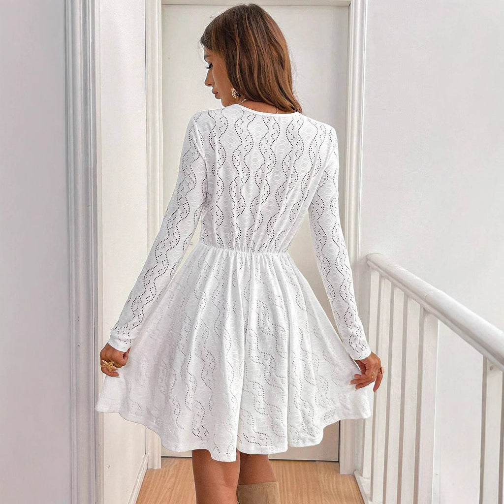 Elegant Women Solid Color Lace Patchwork Mini Holiday Dress Scallops Sundress