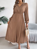 Spring Summer Elegant V neck Lace Cinched Pleated Maxi Dress Women Clothing
