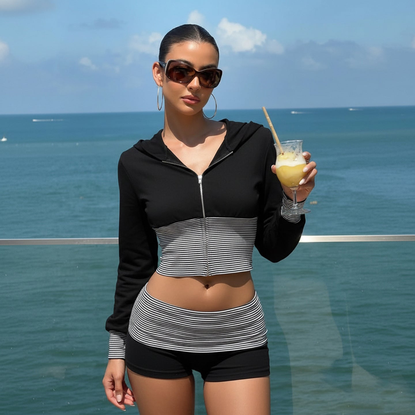 Women Wear Casual Striped Stitching Contrast Color Zipper Hooded Top Shorts Two Piece Set