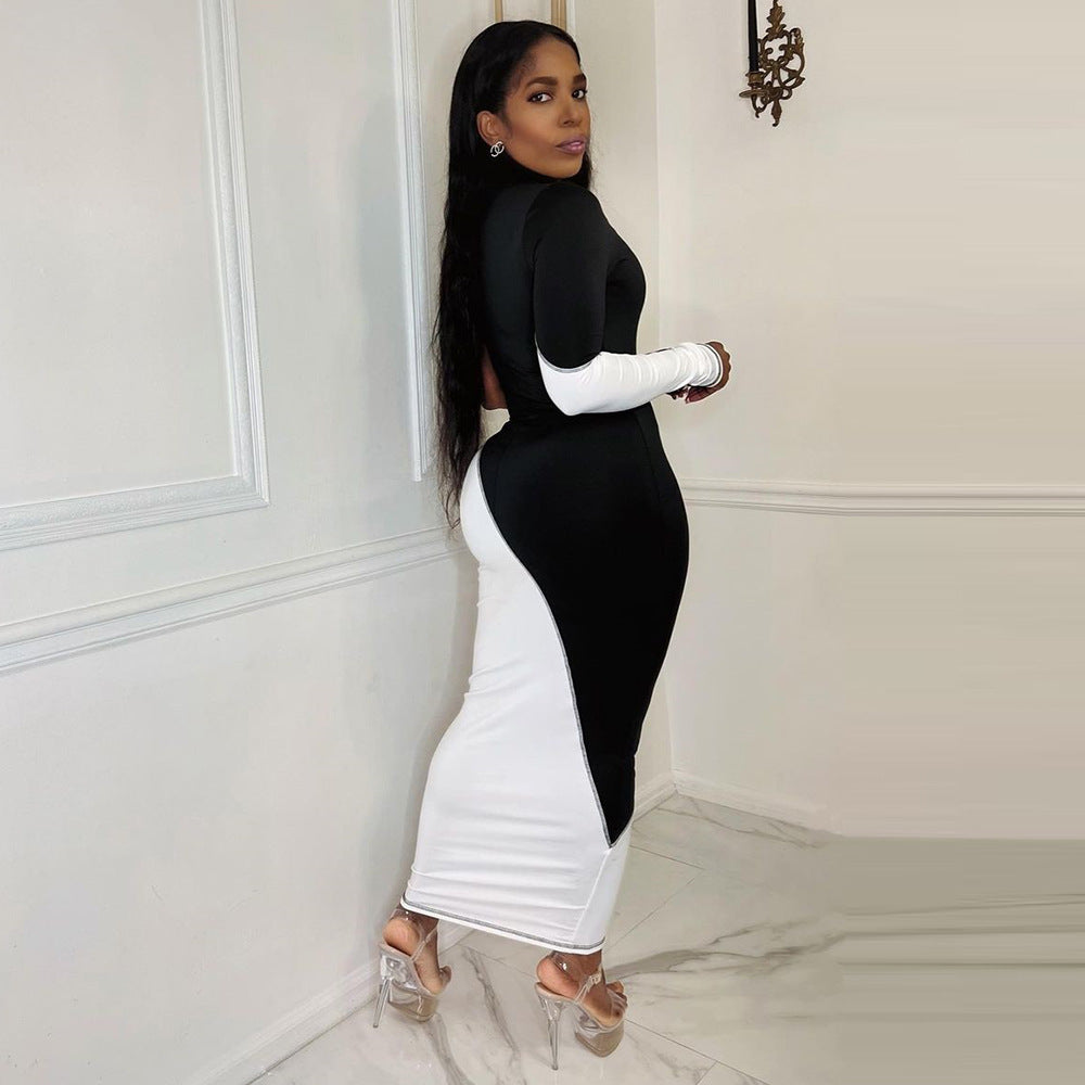 Women Clothing Spring Summer Contrast Color Slim Fit Single Side Long Sleeve Maxi Dress