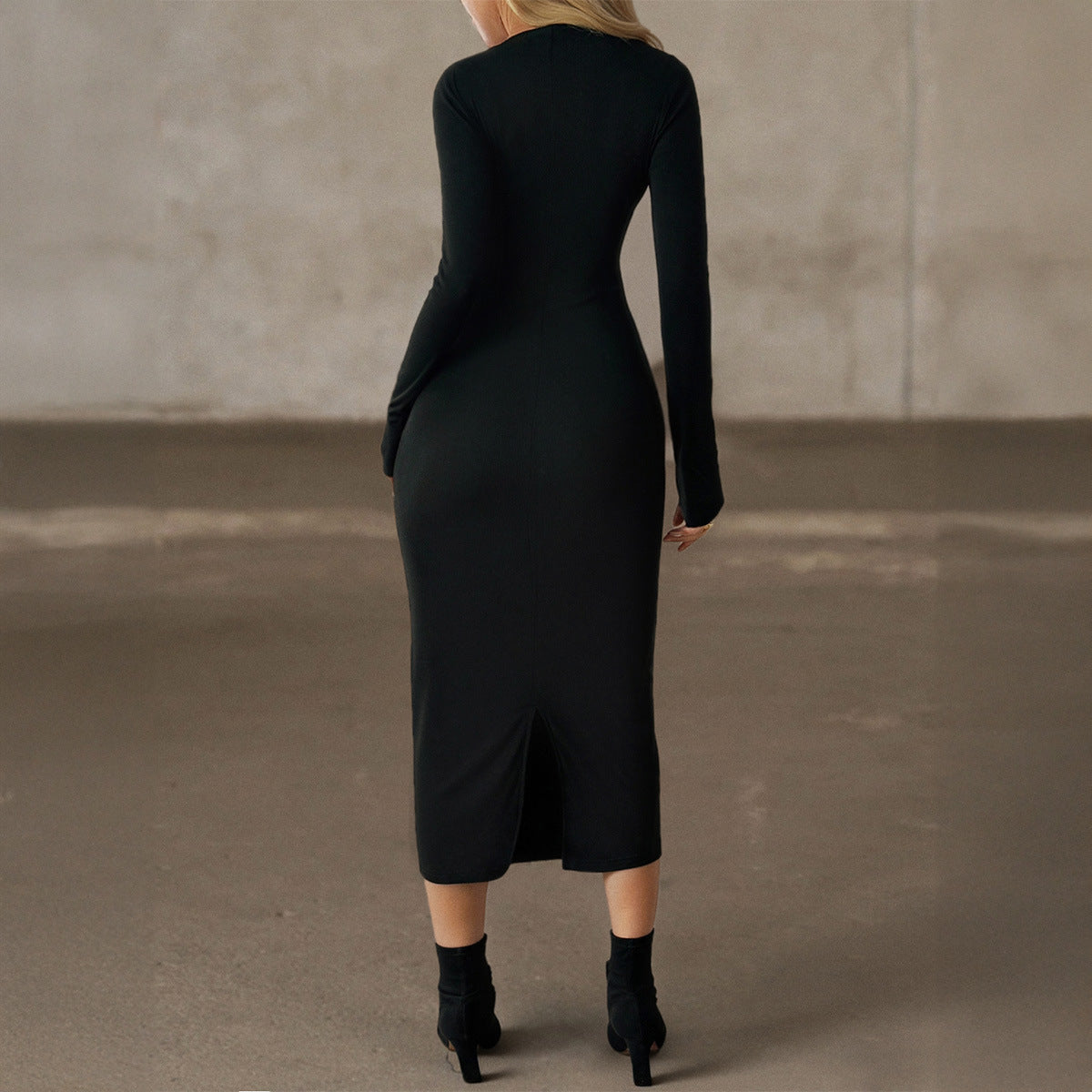 Women Clothing Autumn Solid Color Long Sleeved Hip Dress