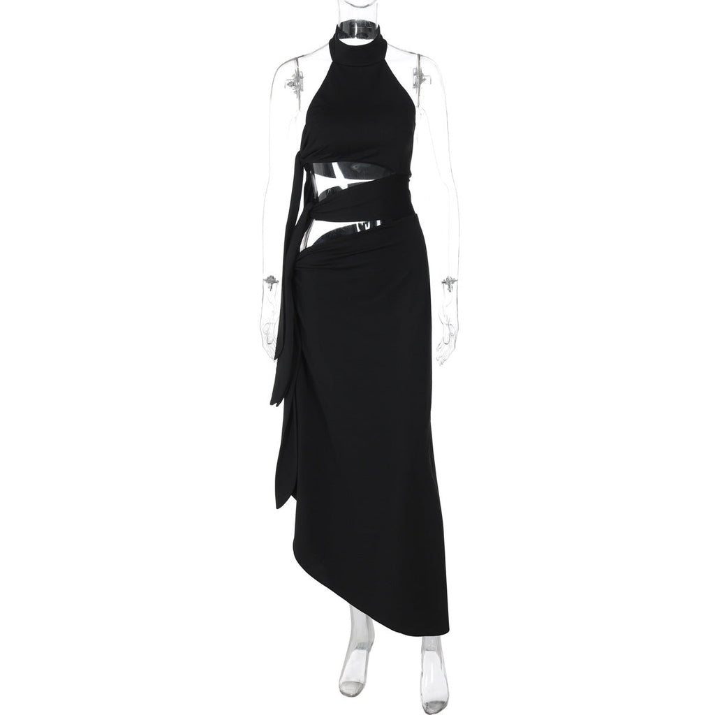 Sexy Hollow Out Cutout Backless Stitching Strap Long Slit Halter Dress Women