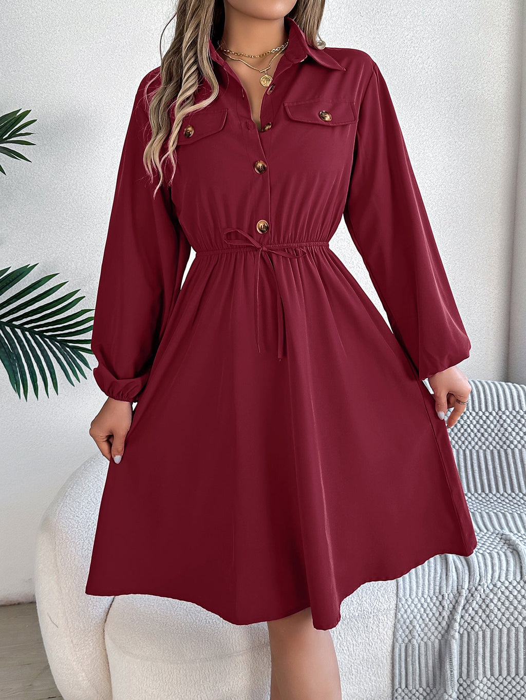 Real Shot Autumn Winter Casual Button Lace up Waist Controlled Long Sleeves Shirt Dress Women Clothing