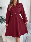 Real Shot Autumn Winter Casual Button Lace up Waist Controlled Long Sleeves Shirt Dress Women Clothing