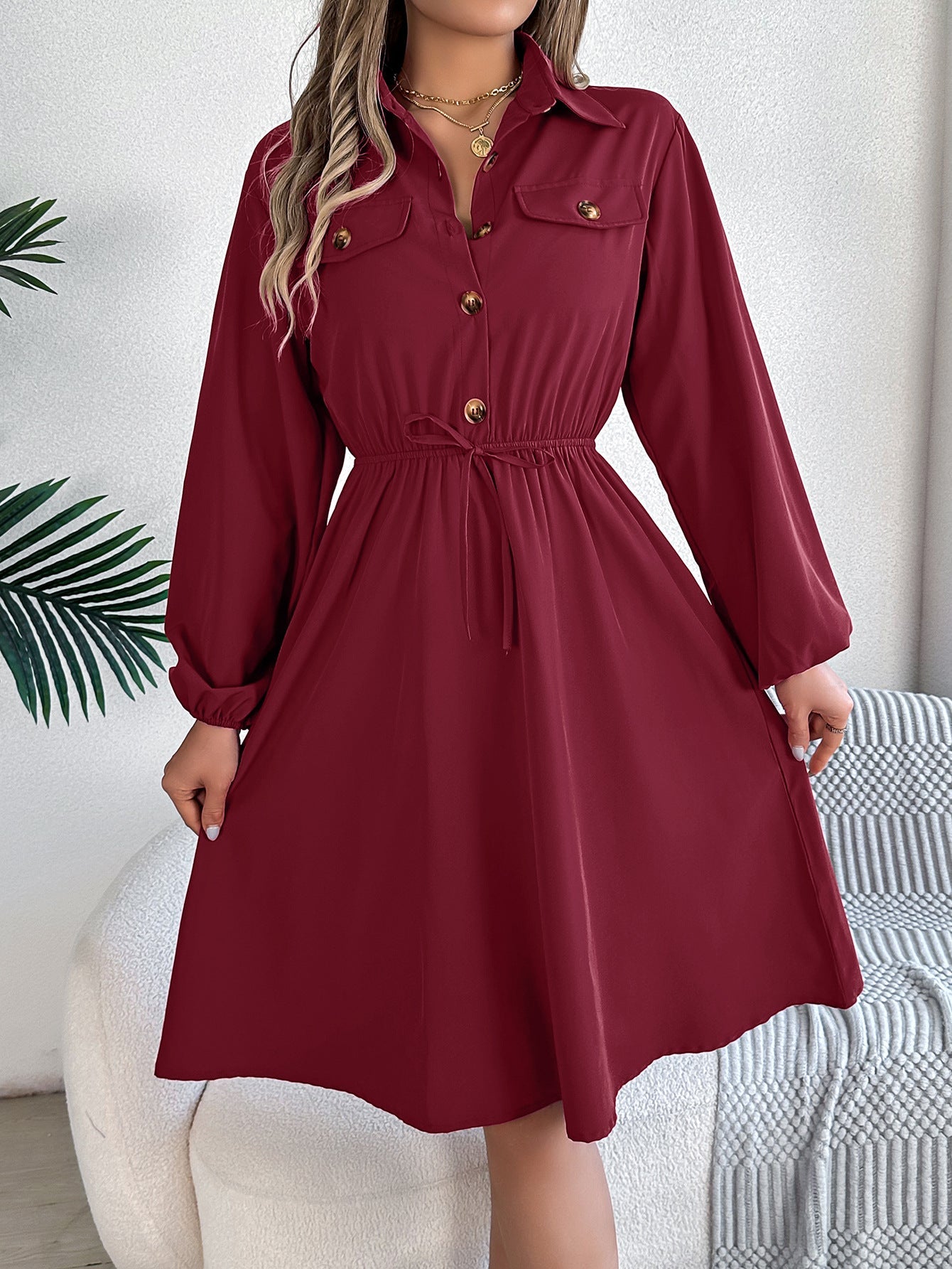 Real Shot Autumn Winter Casual Button Lace up Waist Controlled Long Sleeves Shirt Dress Women Clothing