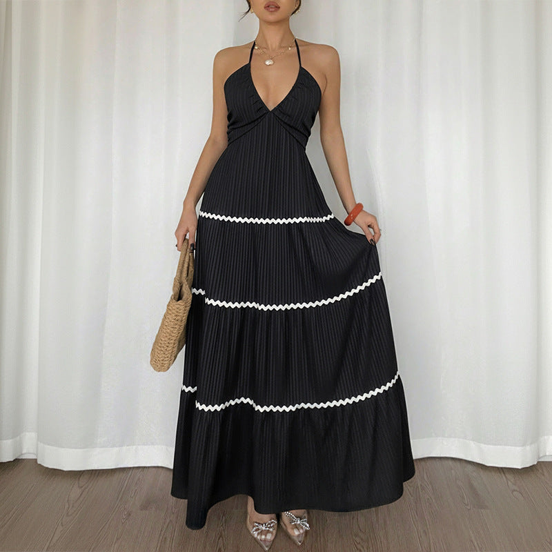 Halter Dress Summer Patchwork Lace Texture Strap Dress Women