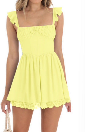 Spring Summer Women Clothing Solid Color Pleated Backless Dress Office