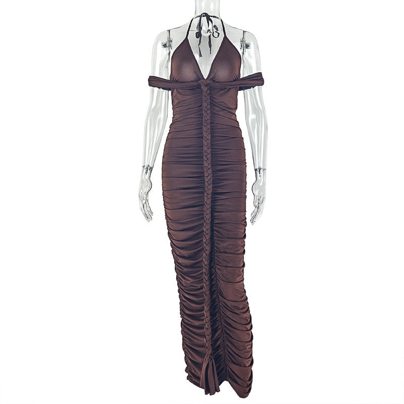 Women Wear Step Solid Color Hip Dress V neck Halter Wrapped Chest Maxi Dress