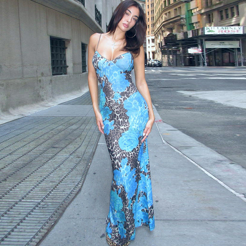 Fall Women Clothing Maxi Dress Street Elegant Slim Print Design Sling Dress Women