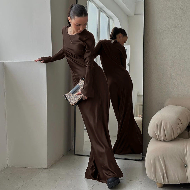 Satin Round Neck Long Sleeved Dress Women Clothing Autumn Elegant Sheath Dress