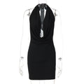 Women Solid Color Halter Deep V Plunge neck Backless Sexy Slim Hip Dress