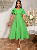 Water Ripple Diagonal Collar Party Dress Asymmetric Ruffled Waist A line Dress