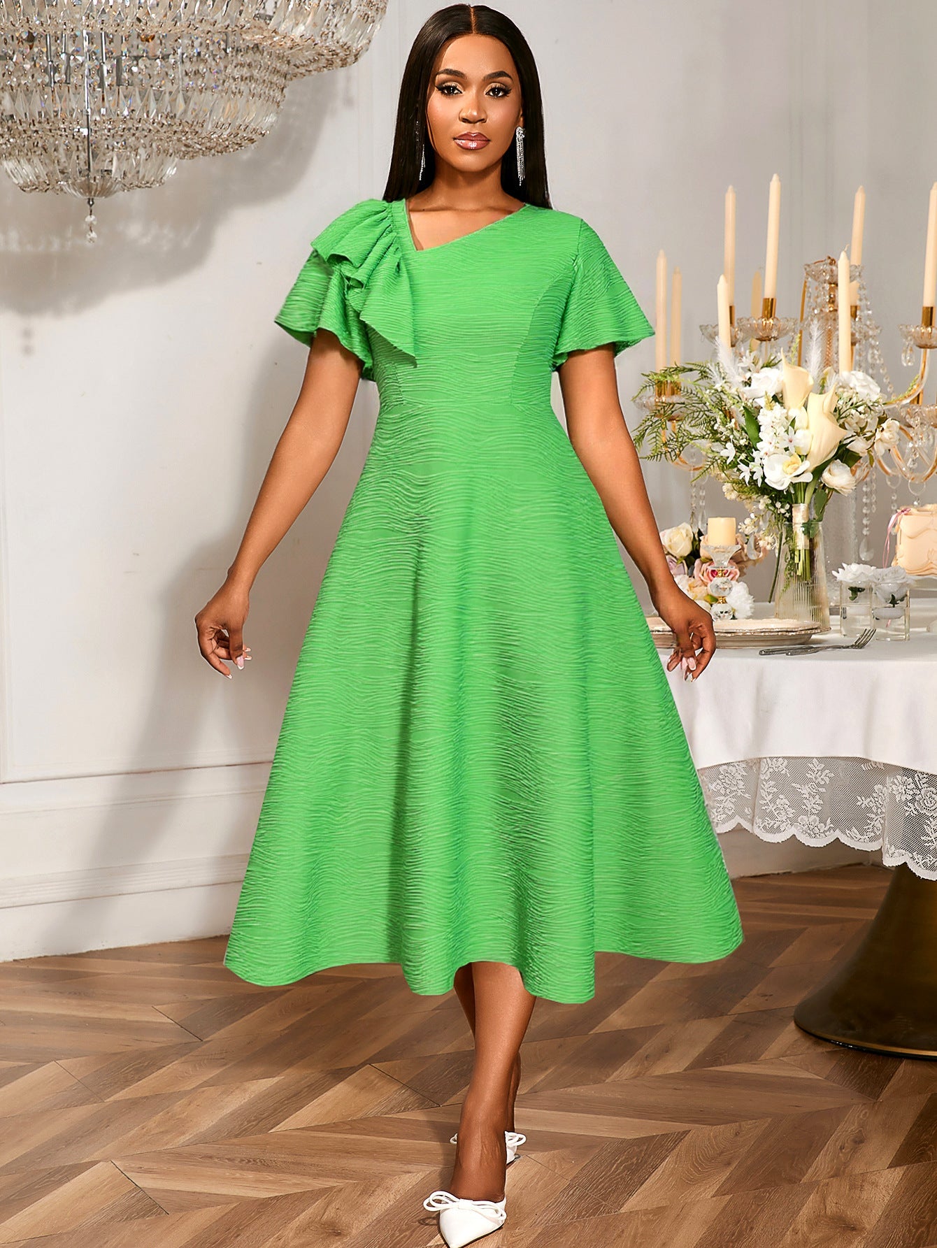 Water Ripple Diagonal Collar Party Dress Asymmetric Ruffled Waist A line Dress
