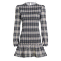 Women Plaid Pleated Casual Long Sleeved Dress Contrast Color round Neck Pleated Dress