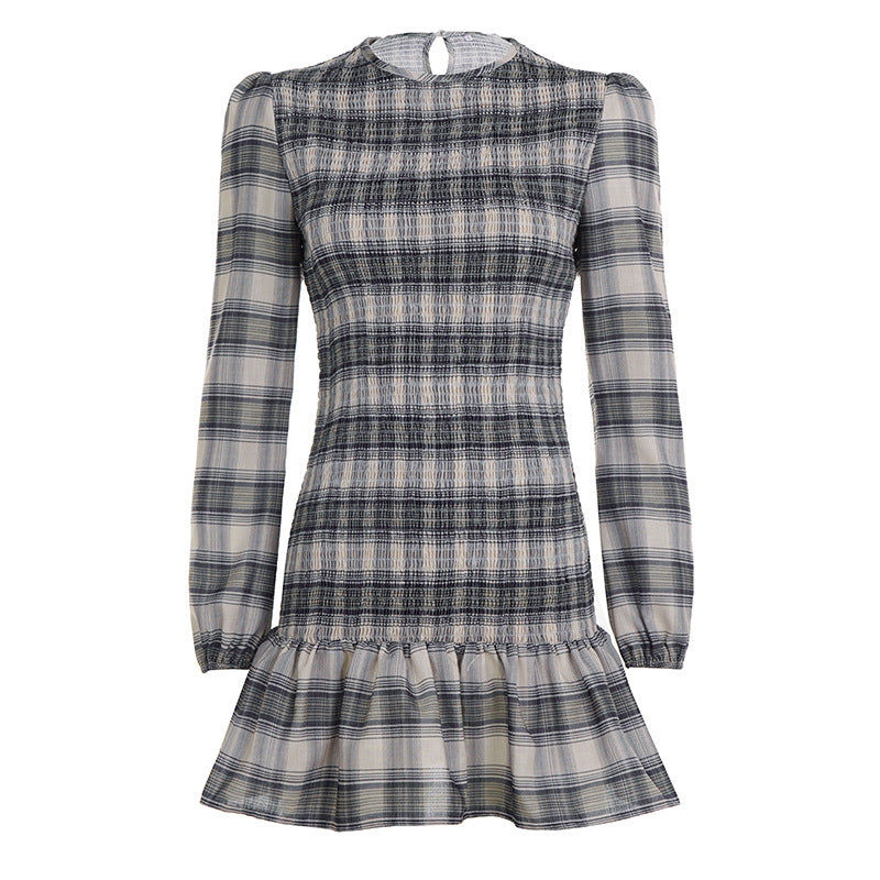 Women Plaid Pleated Casual Long Sleeved Dress Contrast Color round Neck Pleated Dress