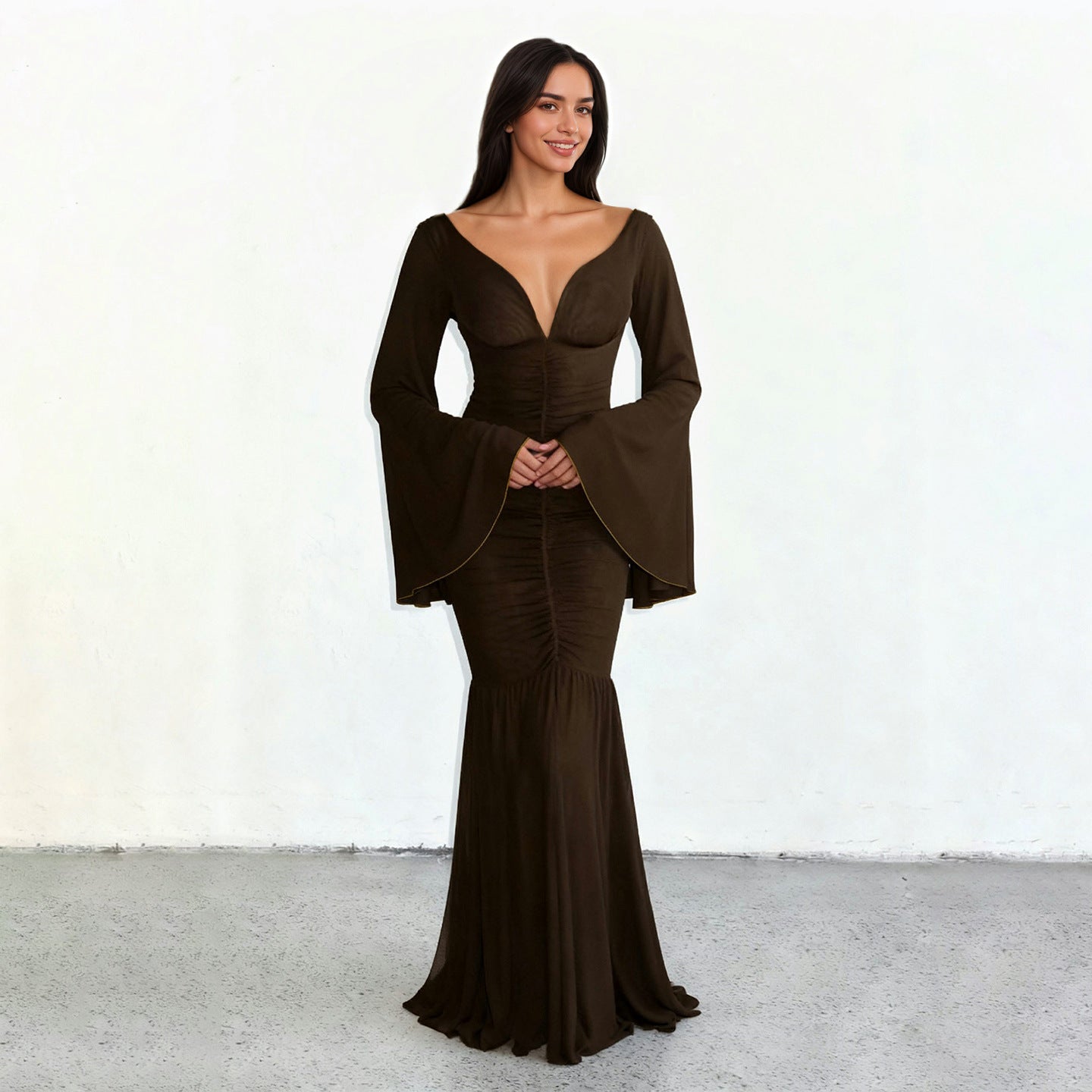 Elegant Deep V Plunge neck Pleated Mesh Patchwork Flared Sleeves Cocktail Dress Mop Formal Dress