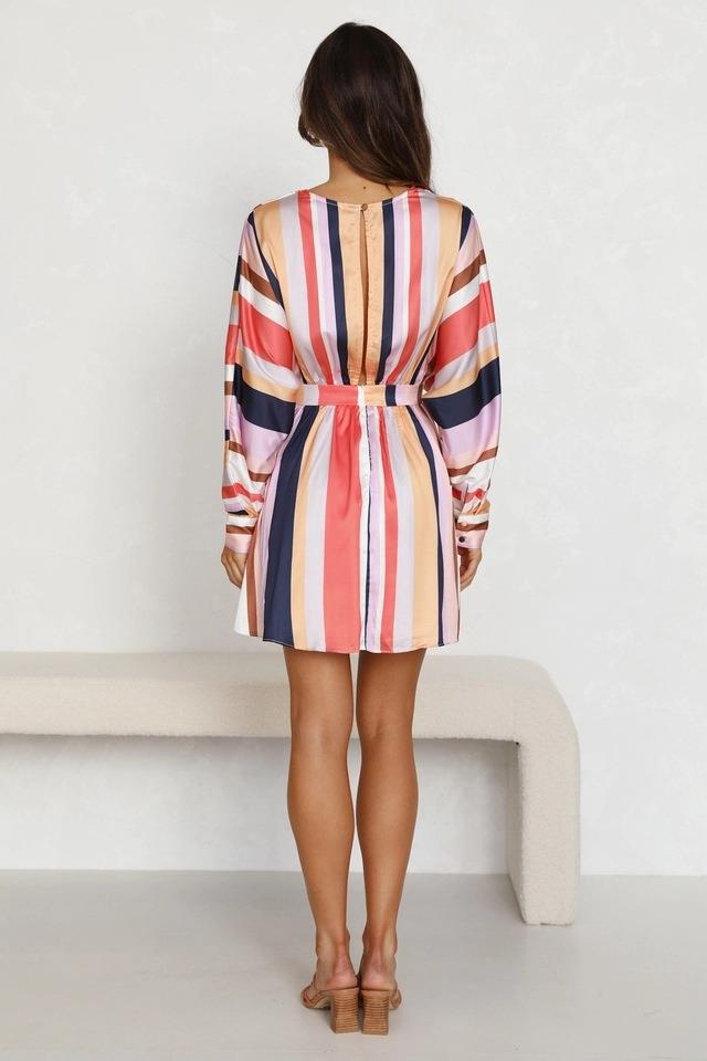 Autumn V neck Long Sleeve Color Striped Slim Dress for Women