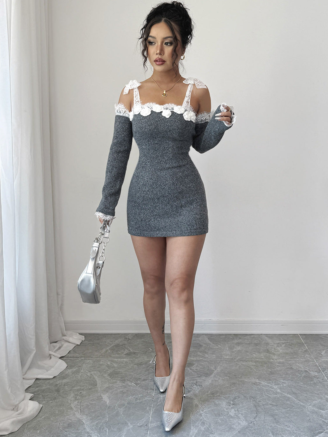 Lace Dress Stitching Hand Crocheting off Shoulder Dress Oversleeves Separated Type Knitted Dress Women Clothing Woolen Dress