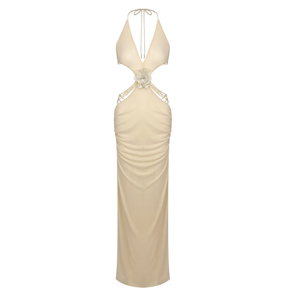 Summer Solid Color Street Hipster Deep V Plunge Halter Backless Slim Fit Dress