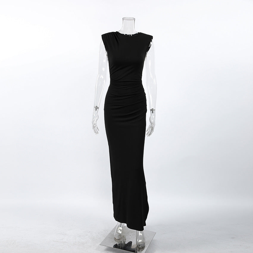 Adult Lady like Woman Wind Black Sleeveless Padded Shoulder Slim Fit Slit Sexy Dress Women Clothing Slimming Elegant Dress