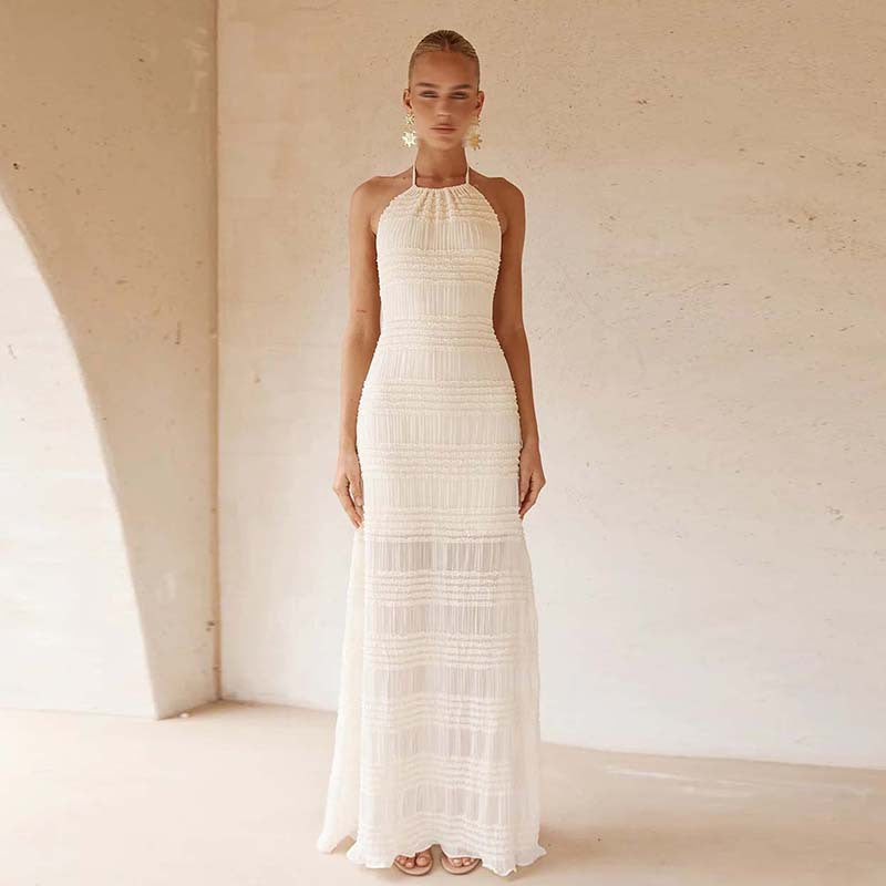 French Simplicity Vacation Beach Knit Breathable Maxi Dress Autumn Halter Backless Solid Color Dress