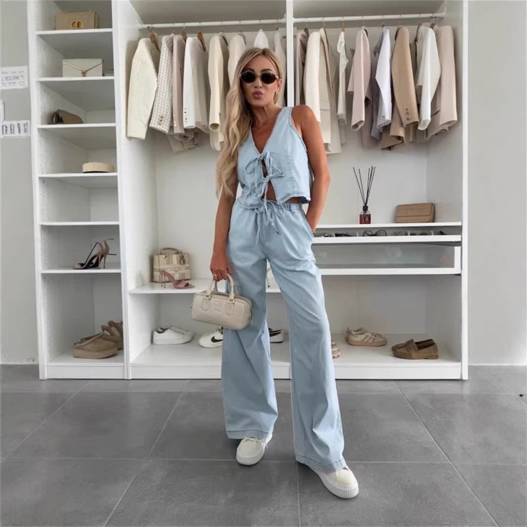 Women Spring Summer Sleeveless Lace up Vest Lace up Wide Leg Jeans Denim Set