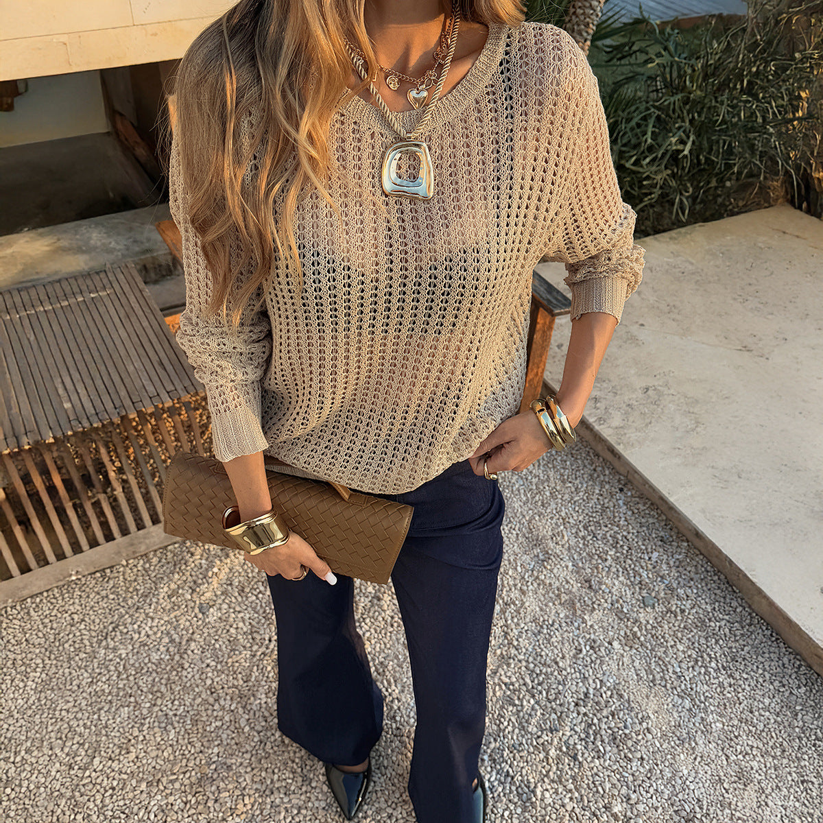 Spring Summer Women Clothing Hollow Out Cutout Loose round Neck Woolen Vacation Top Women