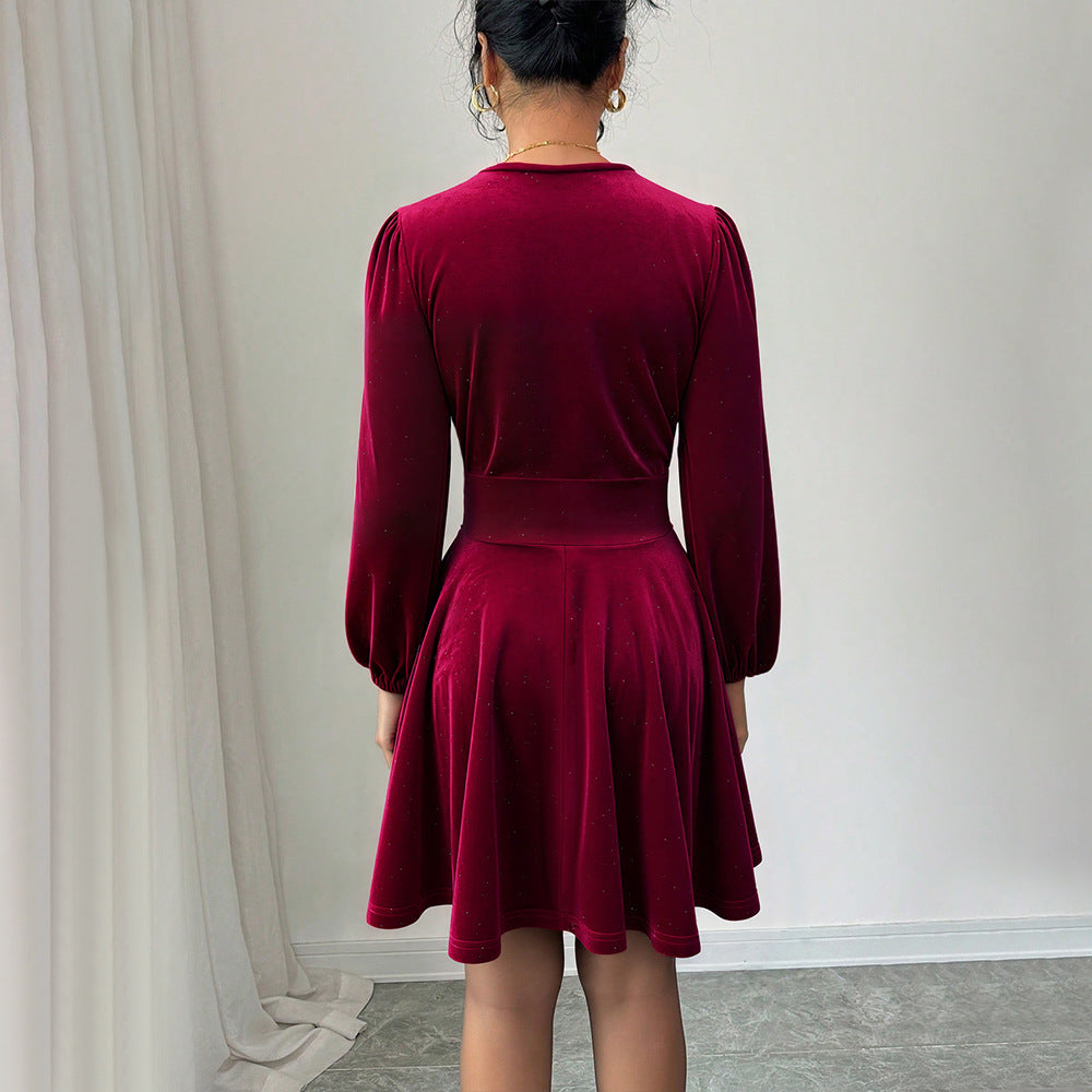 Retro Socialite Christmas Wine Red Velvet V neck Lantern Sleeve Slim Slimming A line Pleated Short Dress