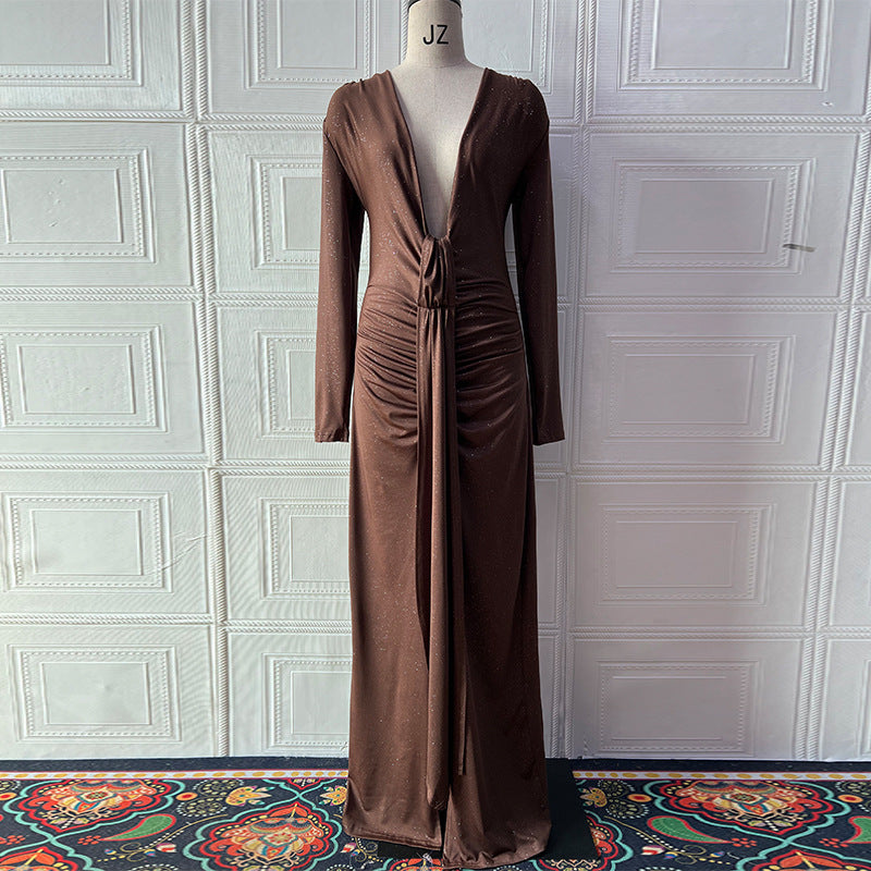 Sexy Slim Fit Deep V Plunge neck Dress Pleated Lace up Long Sleeve Sheath