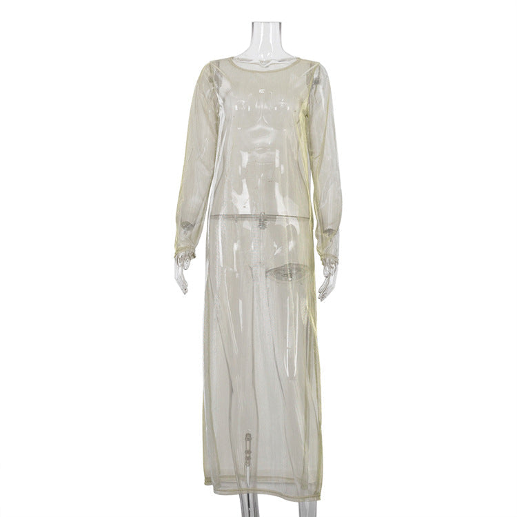 Women Clothing See through round Neck Long Sleeve Split Sun Protection Sexy Dress