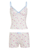 Summer Women Floral Bow V neck Sexy Suspender Shorts Two Piece Set