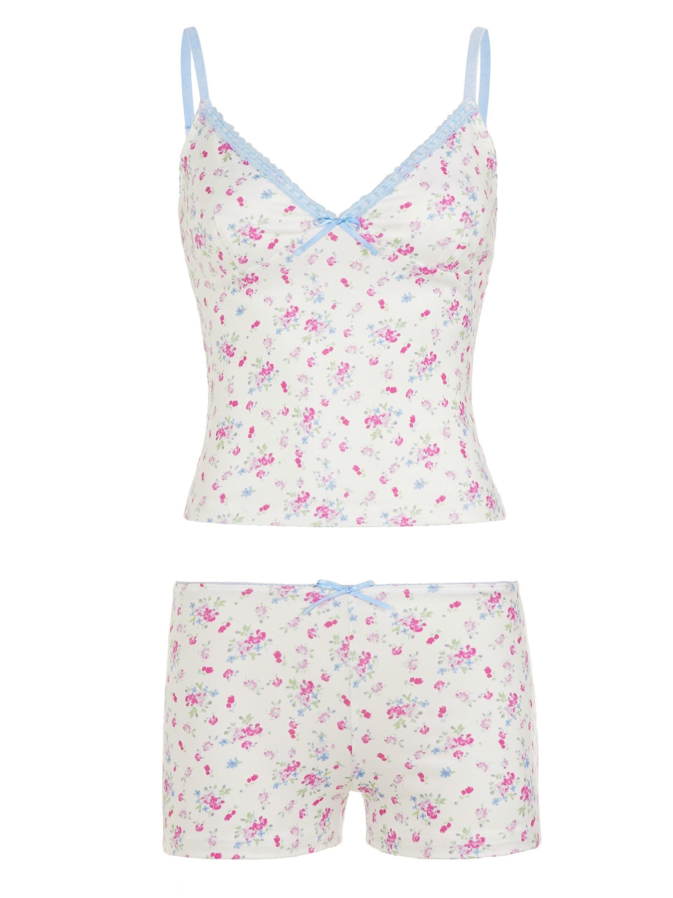 Summer Women Floral Bow V neck Sexy Suspender Shorts Two Piece Set