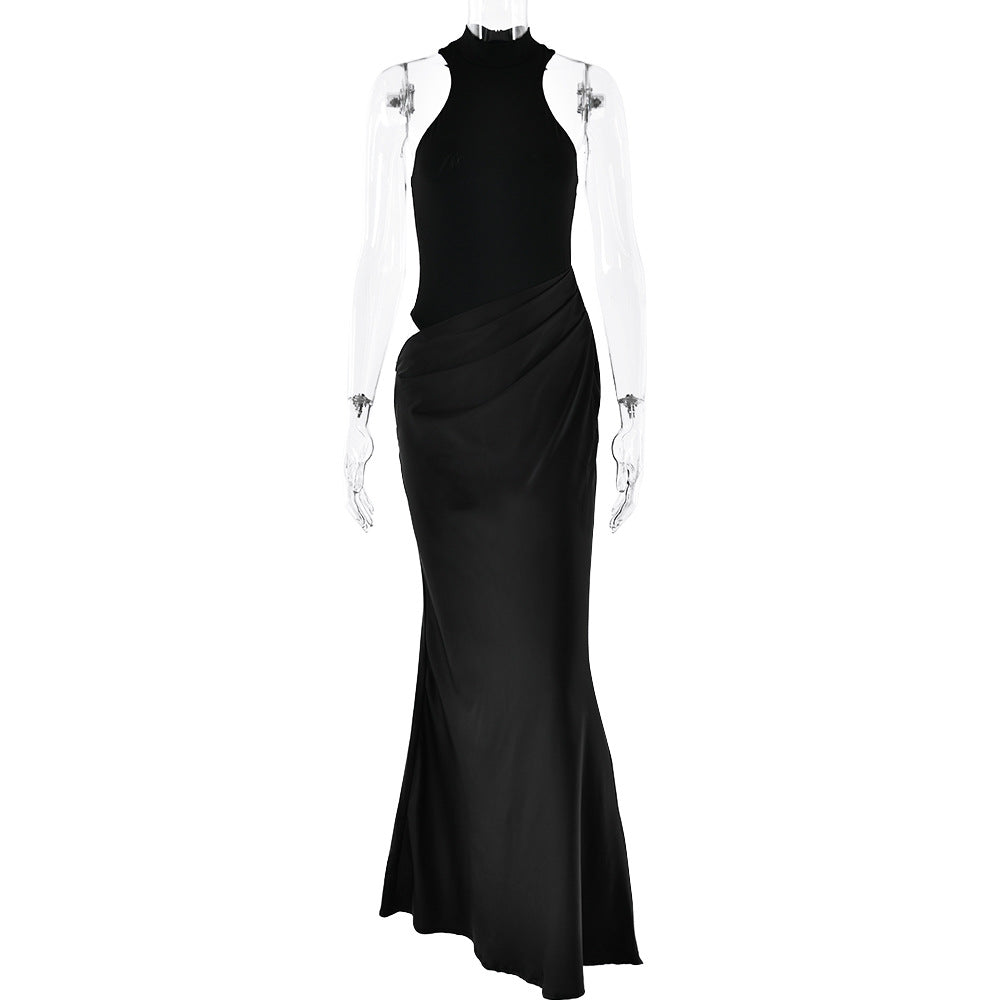 Women Dress round Neck Sleeveless Slim Fitting Patchwork Maxi Dress Hollowed out Dress