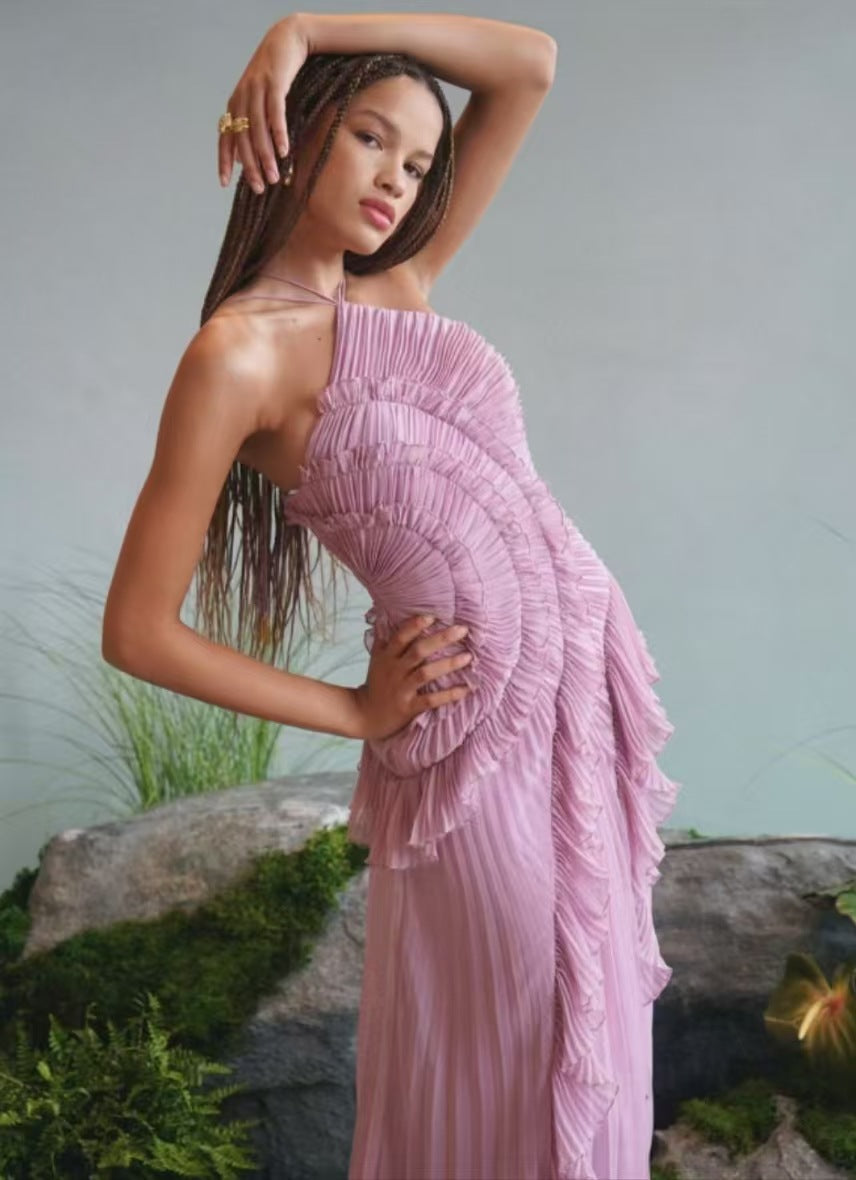 Spring Summer Pleated Ruffled Halter Backless a Swing Chiffon Elegant Dress