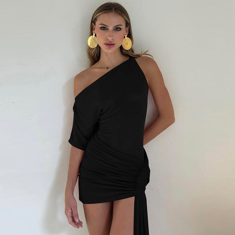 Women Clothing Spring Solid Color Sexy Oblique Shoulder Single Sleeve Asymmetric Ribbon Skinny Hip Dress