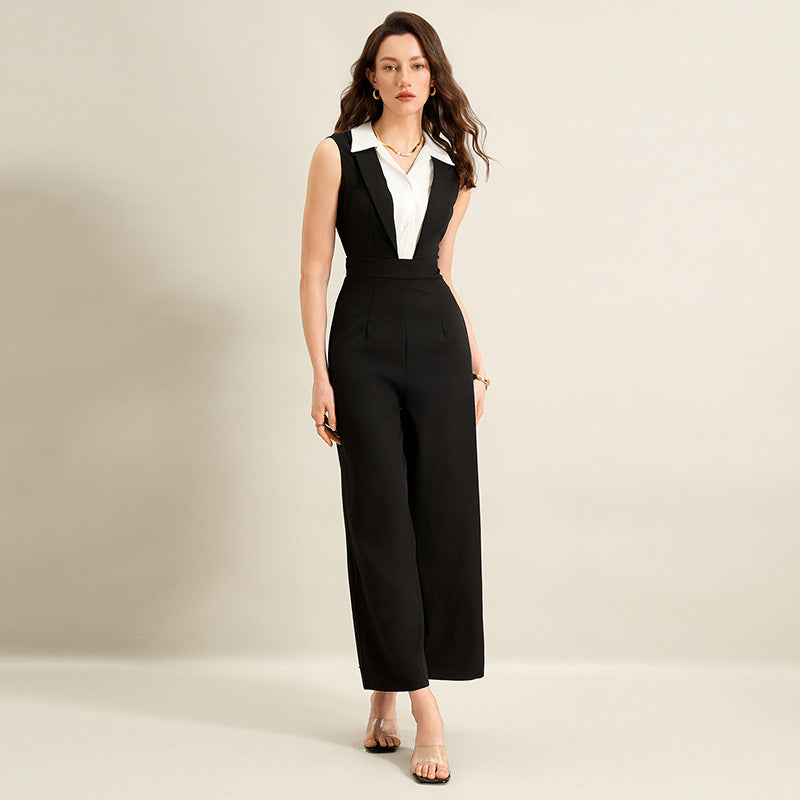 Summer Faux Two Piece Black White Color Stitching Turnover Neck Sleeveless Jumpsuit for Women（Without belt）