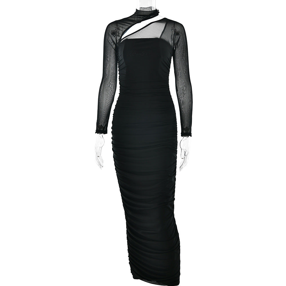 Women Dress Mesh round Neck Long Sleeve Backless Tube Top Slim Fit Pleated Dress